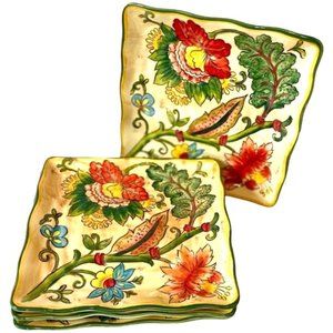3 Maxcera Vanilla Chintz Square Floral Red Yellow Green Texture 9" Dinner Plates